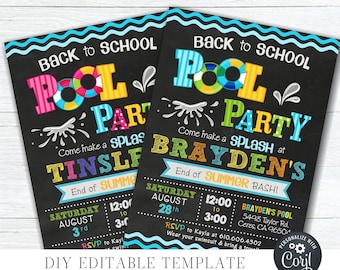 EDITABLE Back to School Pool Party Invitation - End of Summer Party Invitation - Pool Party Back to School  Invitation- DIY with Corjl-#SO12