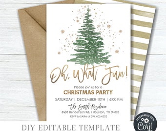 May include: A printable Christmas party invitation featuring a green watercolour Christmas tree with gold glitter. The text reads "Oh, What Fun!" and includes details for a Christmas party on 10th December at 6:00 PM. The invitation is customisable with Corjl.