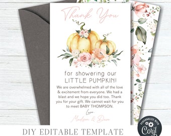EDITABLE Pumpkin Baby Shower Thank You Card - Editable Pumpkin Thank You - Fall Baby Shower Thank Card - Editable Thank You with CORJL-#BS72