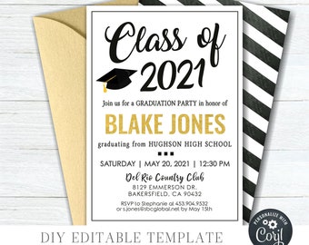 May include: Black and white graduation party invitation with gold text. The invitation is for Blake Jones, graduating from Hughson High School on May 20, 2021 at 12:30 PM at Del Rio Country Club in Bakersfield, CA. The invitation includes a black graduation cap icon.