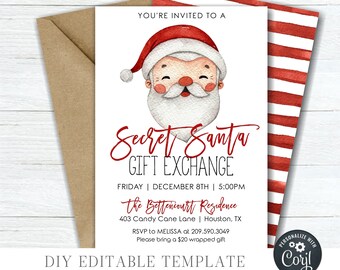 Può includere: Un invito stampabile per uno scambio di regali di Babbo Natale segreto. L'invito presenta un'illustrazione di cartone animato di Babbo Natale con un cappello rosso e una barba bianca. Il testo sull'invito recita "Sei invitato a uno scambio di regali di Babbo Natale segreto" e include la data, l'ora e il luogo dell'evento. L'invito include anche il testo "Porta un regalo avvolto da 20 €".