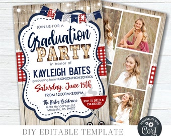 May include: A graduation party invitation with a red, white, and blue color scheme. The invitation features a rustic wood background with a banner that says "Graduation Party" in a vintage marquee style. The invitation also includes a photo collage of the graduate, a red and white checkered pattern, and a small image of a grill.