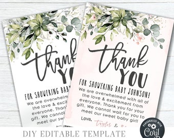 May include: Thank you card with a watercolour floral design in shades of green and pink. The card says "Thank You" in black script and includes the text "For Showering Baby Johnson!" and "Love, Taylor & ...".