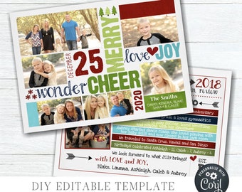 May include: A Christmas card template with a red, green, and blue color scheme. The card features a photo collage of a family with the text "25 wonder CHEER love JOY" and "2018 in review". The card is customizable with the text "DIY EDITABLE TEMPLATE INSTANT DOWNLOAD - EDIT & PRINT TODAY".
