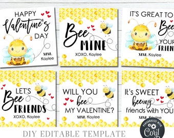 Editable Bee Valentine Cards: Kids Valentine's Day Tags (Digital Download)