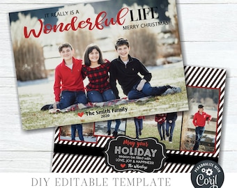 May include: A Christmas card template with a black and white striped background. The card features a photo of a family with the text "It really is a wonderful life Merry Christmas!" and "The Smith Family 2020". The card also includes a black and white chalkboard style sign with the text "May your Holiday season be filled with LOVE, JOY & HAPPINESS! The Whorleys".