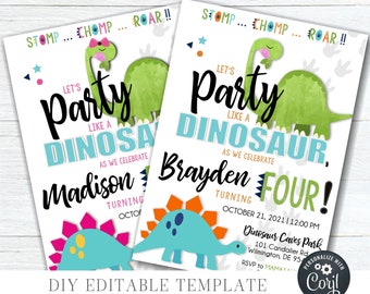 Editable Dinosaur Birthday Invitation, Boy Dinosaur Birthday Template, Girl Dinosaur Birthday Invitation, DIY Edit with Corjl - #BP88