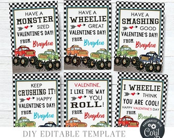 EDITABLE Kids Valentine Cards, Monster Truck Valentine Cards, School Valentine Tags, DIY Editable Valentine Cards - with Corjl - #VT05