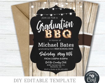 EDITABLE Graduation BBQ Invitation - Graduation Party Template - Country Graduation Invitation - Grad Party - DIY Edit with Corjl - #GP13