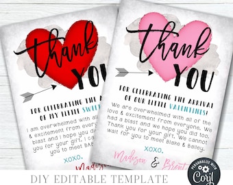 Valentine's Baby Shower Thank You Card: Editable Template (4x6 & 5x7) #BS66