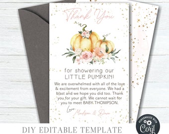 EDITABLE Fall Baby Shower Thank You Card - Editable Pumpkin Baby Shower Thank You -  Baby Shower Thank Card - Edit with CORJL - #BS73