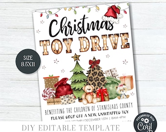 Peut inclure: Une affiche imprimable pour une collecte de jouets de Noël. L'affiche présente un design festif avec un sapin de Noël, des cadeaux et un ours en peluche. Le texte sur l'affiche indique "Christmas Toy Drive" et "Benefiting the children of Stanislaus County. Please drop off a new, unwrapped toy."