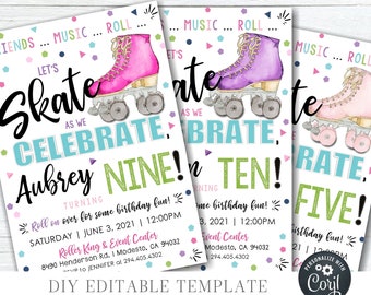 May include: Three printable birthday party invitations featuring a colorful roller skate design. The invitations are for a girl's birthday party and feature the text "Let's Skate" and "Celebrate". The invitations are customizable with the birthday girl's name and age. The text on the invitations reads "Roll on over for some birthday fun!" and includes the date, time, and location of the party.