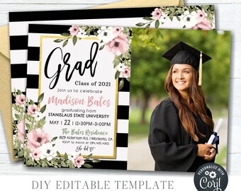 Editable Graduation Party Invitation: Gold Foil Floral Design (DIY Corjl Template) #GP22