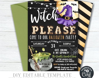 May include: A black and gold Halloween party invitation with a witch's hat and cauldron. The text reads "Witch Please Come to Our Halloween Party!" with the date and time of the party. The invitation also includes details about the location, RSVP information, and a potluck request.