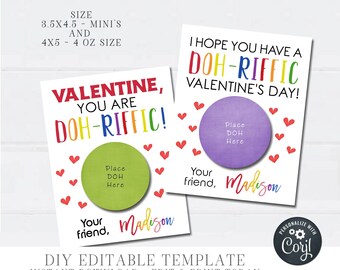 Editable Valentine Tags, A-Doh-able Valentine Cards, Doh-Riffic Valentine Card, Kids Valentine Card, School Valentines, DIY with Corjl #VT40