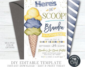 Ice Cream Birthday Invitation: Editable Photo Party Template (DIY Corjl) #BP71