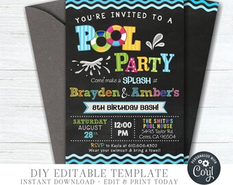 May include: A blue and white pool party invitation with a chalkboard background. The invitation says "You're invited to a Pool Party" with a colorful pool float graphic. The text also says "Come make a splash at Brayden & Amber's 8th Birthday Bash!" with the date, time, and location of the party.