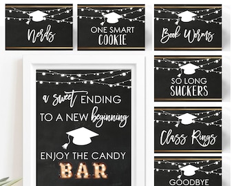 May include: Printable graduation party food labels with a chalkboard background and white string lights. The labels feature graduation caps and text such as "Nerds", "One Smart Cookie", "Book Worms", "So Long Suckers", "Class Rings", and "Goodbye Kisses".