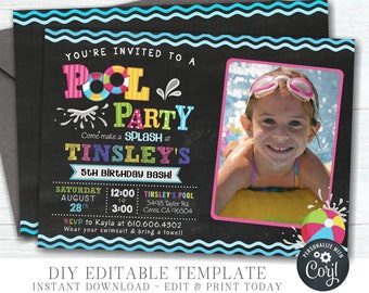 May include: A blue and white chalkboard style invitation for a pool party. The invitation has a colorful pool float graphic and the text "You're invited to a Pool Party Come make a splash at Tinsley's 5th Birthday Bash! Saturday August 28th 12:00 to 3:00 Tinsley's Pool 5498 Taylor Rd. Ceres, CA 96504 RSVP to Kayla at 610.606.4302 Wear your swimsuit & bring a towel!"  The invitation also has a photo of a young girl wearing goggles and smiling.