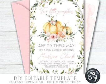 Twins Pumpkin Baby Shower Invitation: Editable Fall Design (Digital Download) #BS73