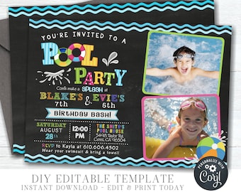 May include: A blue and white chalkboard style invitation for a pool party. The invitation says "You're invited to a Pool Party" with colorful letters. The invitation also says "Come make a splash at Blake's & Evie's 7th & 5th Birthday Bash!" with the date and time of the party. The invitation also includes the address of the pool house and an RSVP number. The invitation has two photos of children in a pool.