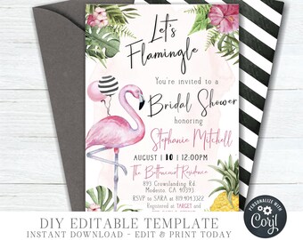 Puede incluir: Un flamenco rosa con globos negros y blancos se encuentra sobre un fondo rosa con hojas y flores tropicales. El texto "Let's Flamingle" está en la parte superior de la invitación. El texto "You're invited to a Bridal Shower honoring Stephanie Mitchell" está debajo del flamenco. La fecha y la hora del evento se enumeran debajo del texto. El texto "The Bettendorf Residence" está debajo de la fecha y la hora. La dirección y la información de RSVP se enumeran debajo del nombre de la residencia. El texto "DIY Editable Template Instant Download - Edit & Print Today" está en la parte inferior de la invitación.
