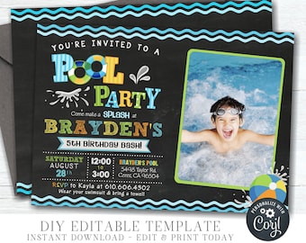 May include: A blue and green pool party invitation with a photo of a boy in a swimming pool. The invitation says "You're invited to a Pool Party Come make a splash at Brayden's 5th Birthday Bash!" and includes the date, time, and location of the party.