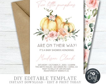 Twins Pumpkin Baby Shower Invitation: Editable Fall Design (Digital Download) #BS73