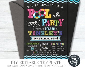 EDITABLE Girl Pool Party Birthday Invitation - Pool Party Birthday Template - Pool Party Photo Invitation - DIY Edit with Corjl - #BP70