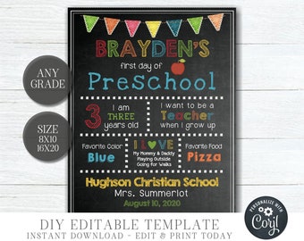 EDITABLE First Day of School Sign, Back to School Sign, First Day of Kindergarten, School Printable, Photo Prop - Edit with Corjl - #S108