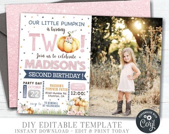 May include: A pink and white printable invitation for a second birthday party. The invitation features a pumpkin with a flower and the text "Our Little Pumpkin is turning Two!" and "Join us to celebrate Madison's Second Birthday!" The invitation also includes details about the party, such as the date, time, and location.