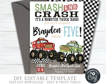 EDITABLE Monster Truck Birthday Invitation - DIY Birthday Template - Monster Truck Invitation - Smash and Crash - DIY Edit with Corjl -#BP10