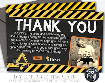 Construction Birthday Thank You Card with Photo (DIY Editable Template) #BP11