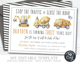 EDITABLE Construction Theme Birthday Invitation - DIY Birthday Template - Construction Birthday - Stop the Traffic-DIY Edit with Corjl-#BP48