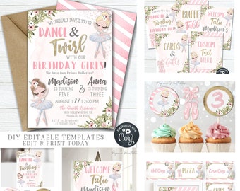 Editable Sisters Ballerina Birthday Party Bundle (Digital Download) #BP30