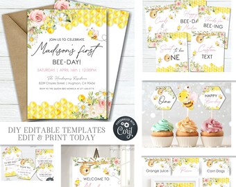 Editable Bee Birthday Party Decorations: First Bee-Day Invitation (DIY) #BP117
