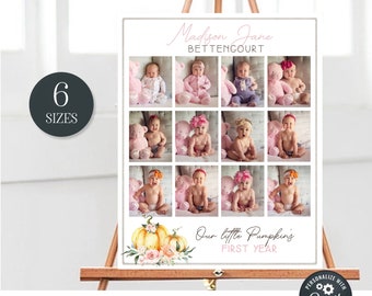 May include: A printable template for a baby's first year photo collage. The template features a collage of nine photos of a baby girl, each photo showing the baby at a different age. The template also includes the text "Our little Pumpkins First Year" and the baby's name, "Madison Jane Bettencourt".