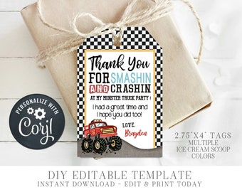 EDITABLE Monster Truck Favor Tags - DIY Party Favor Tags - Monster Truck Party Favor Tags - Monster Truck Birhtday-DIY Edit with Corjl-#BP10