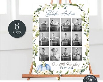 May include: A printable baby's first year photo collage template with a blue and white pumpkin design. The template features a grid of 12 photo spaces with text labels for each month. The text at the top reads "Blake Andrew" and the text at the bottom reads "Our little Pumpkins First Year".