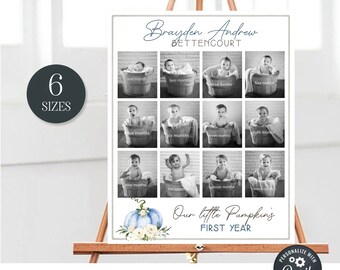 May include: A printable baby milestone chart with a blue and white pumpkin design. The chart features 12 photos of a baby in a wooden tub, with each photo representing a different month of the baby's first year. The text "Our little Pumpkins First Year" is printed below the photos.