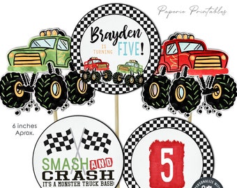 May include: Printable monster truck party decorations for a birthday party. The decorations include a sign that says "Brayden is turning five!" and a sign that says "Smash and Crash It's a Monster Truck Bash!" There is also a sign with the number 5 on it.