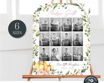 May include: A printable baby's first year photo collage template with a floral and pumpkin theme. The template has 12 photo spaces for monthly photos, with the text "Our little Pumpkin's First Year" at the bottom. The template is editable and can be personalized with the baby's name.