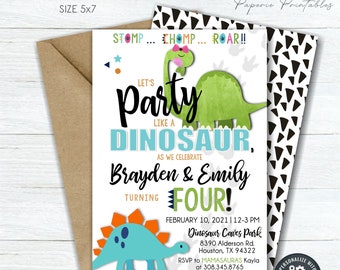 Editable Twins Dinosaur Birthday Invitation, Twins Dinosaur Birthday Template, Twins Dinosaur Invitation, DIY Edit with Corjl - #BP88