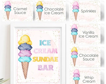 May include: Printable ice cream sundae bar sign with a watercolor illustration of an ice cream cone with four scoops of ice cream. The sign says "Ice Cream Sundae Bar" in colorful letters. There are also printable labels for toppings like chocolate sauce, sprinkles, and whipped cream.