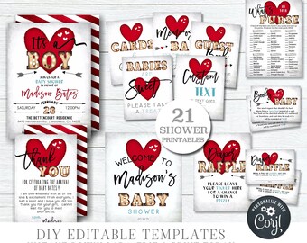 EDITABLE Valentine's Day Baby Shower Bundle - Heartbreaker Baby Shower - Invitation, Diaper Raffle, Books for Baby - DIY with Corjl - #BS12