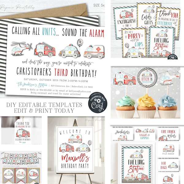 First Responders Birthday Party Decorations: Editable Invitation (Digital Download) #BP125