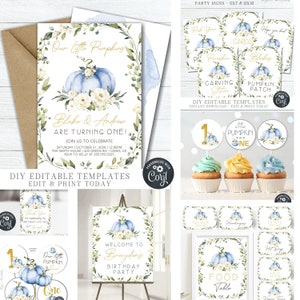 EDITABLE Boy Little Pumpkin Birthday Bundle - Pumpkin First Birthday Party Decorations-Invitation - Thank You Card - DIY with Corjl - #BP73