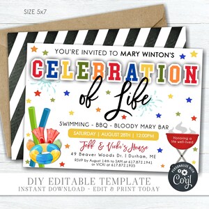 May include: A colorful invitation for a celebration of life with a swimming pool theme. The invitation features a swimming pool, a grill, and a cocktail glass. The text on the invitation reads "Celebration of Life" and includes the date, time, and location of the event. The invitation also includes the names "Jeff & Vicki's House" and the text "Honoring a life well-lived".
