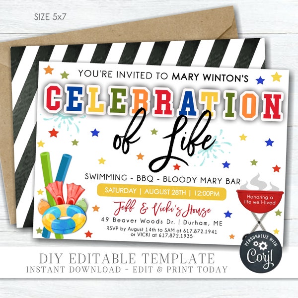 EDITABLE Celebration of Life Invitation - Bright and Fun Celebration of Life Invite - Celebration of Life BBQ & Pool Party- DIY Corjl-#COL01